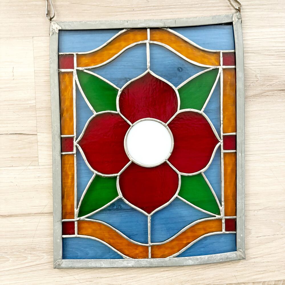 Stained Glass Red Floral Pattern Hand Crafted Color Art Glass Sun Catcher VNTG